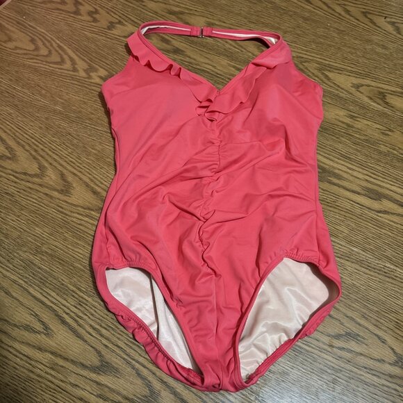 Lands' End Other - Land's End Womens 1 Piece Swimsuit Coral V Neck Ruffle Built In Bra Sz 16